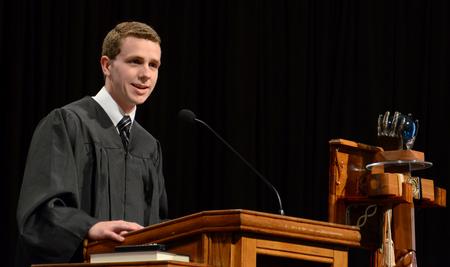 Caleb Valentine, student government president, encourages students present at convocation to appreciate the blessings of the undergraduate experience at Union. - Photo by Jacob Moore