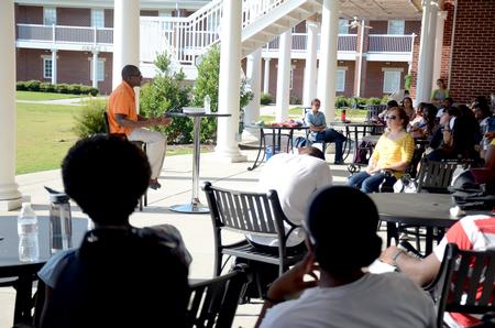 Patrick Talley, who is from Zion Church in Jackson, shared with students how to grow in their faith at the first Solomon's Porch meeting in the Bowld Commons. - Photo by Amanda Rohde