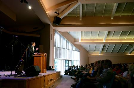 Greg Thornbury, president of The King's College in New York, talks with students about not living in fear during his message in chapel entitled "Fear not. Stand firm. Be silent." - Photo by Anne Richoux