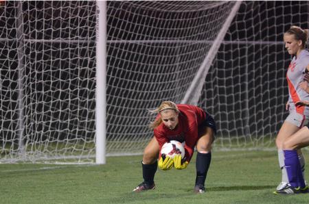 Goalie Emily Waggoner saves a shot from a Trevecca Nazarene University  player. - Photo by Anne Richoux