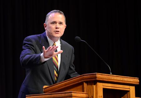 Todd Brady, vice president for university ministries, speaks to students in chapel about Christian freedom. - Photo by Amanda Rohde