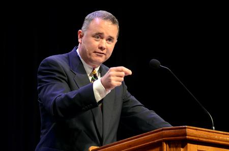 Todd Brady, vice president for university ministries, speaks to students in chapel about Christian freedom. - Photo by Amanda Rohde
