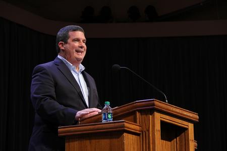 Thom Rainer, President and CEO of Lifeway Christian Resources, speaks at chapel about 1 Peter 5:8 and how we must be alert at all times. - Photo by Matt McDaniel