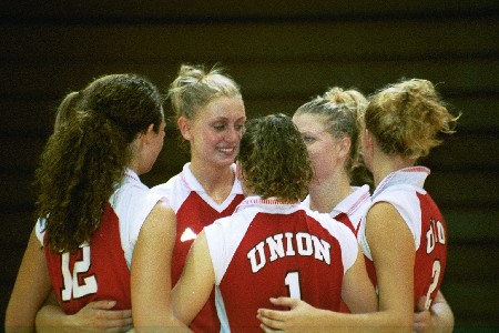 Lady Bulldogs prepare to start the match.  Clockwise:  No. 1 Allison Shein, No. 12 Crystal Abel, No. 8 Jennie Glassey (not seen), No. 5 Andrea Darr, No. 4 Lindsay Stahlberg, No. 2 Erin Bayne - Photo by Tommy Sadler