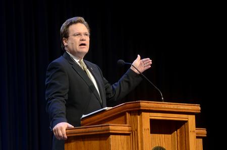 Gene Fant, professor of English and executive vice president for academic administration, offers students encouragement in chapel following the loss of classmate Leighton Williams.  - Photo by Amanda Rohde