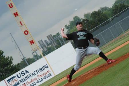 Former Union Baseball standout pitcher Ed Grammer pitches during the Union Baseball Alumni Game. - Photo by Jonathan Blair