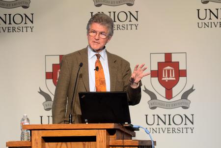 Dr. Philip Jenkins, distinguished professor of history at Baylor University, speaks about church history at the 2013 Carls-Schwerdfeger History Lecture in the Grant Events Center. - Photo by Amanda Rohde