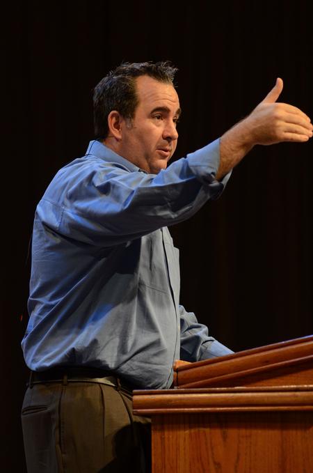 John Bryson, teaching pastor at Fellowship Memphis, talks with students about the importance of being faithful in the little things even while in college.  - Photo by Anne Richoux
