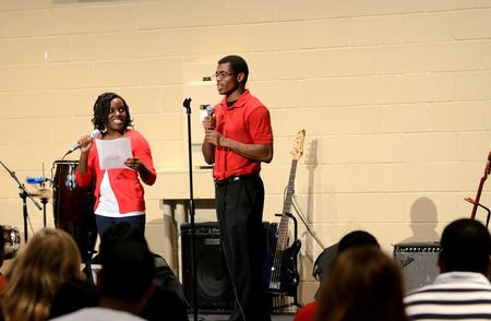 Anna-Alicia Sails, sophomore broadcast journalism major, and Terrence Murphy, junior biblical studies major, introduce performers at the MOSAIC Unity Showcase in the Bowld Student Commons.  - Photo by Anne Richoux