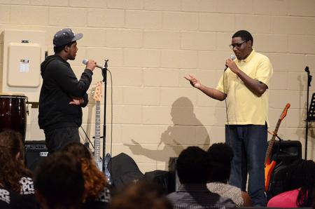 Dre Ballentine, freshman psychology major, and Daniel Walker, freshman business administration major, perform at the MOSAIC Unity Showcase in the Bowld Student Commons.  - Photo by Anne Richoux
