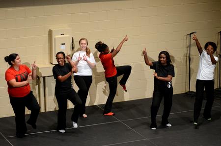 Alma Hernandez, Diamond Starks, Lauren Wood, Kierra Joy, Gabrielle Bonner, and Nar'Asha Randall perform during the MOSAIC Unity Showcase in the Bowld Student Commons.  - Photo by Anne Richoux