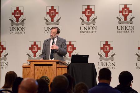Hal Poe, Charles Colson professor of faith and culture, gives a lecture on "C.S. Lewis and Imagination" during the Aslan's Apologist Town & Gown series in the Carl Grant Events Center. - Photo by Anne Richoux