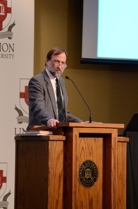 Hal Poe, Charles Colson professor of faith and culture, speaks at the Aslan's Apologist Town & Gown lecture series held on Mondays in the Carl Grant Events Center. - Photo by Anne Richoux