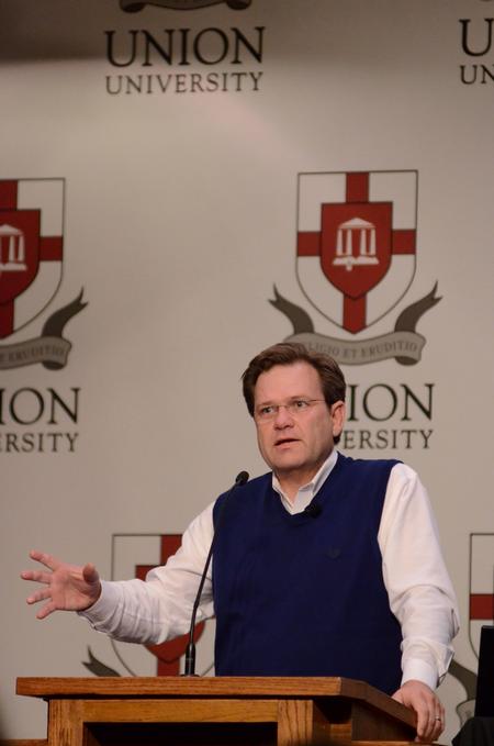 Gene Fant, executive vice president for academic administration and professor of English, delivers a lecture entitled, "C.S. Lewis and Literature: Why Reading Broadly Matters" during the Aslan's Apologist Town & Gown lecture series.  - Photo by Anne Richoux