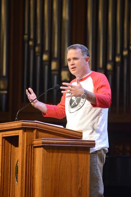 Todd Brady, vice president for university ministries, encourages students and sends them out to their various group projects for Campus & Community Day. - Photo by Amanda Rohde