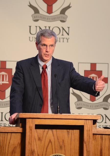 David Thomas, professor of history, speaks on "Bridges and Fords: Lewis on History" at the Town and Gown lecture series at the Carl Grant Events Center.  - Photo by Jacob Moore