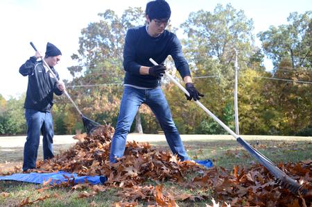 Soccer players Peter Jo, sophomore athletic training major, and Josh Warren, sophomore business administration major, rake leaves in front of Evangelical Community Church during the 11th annual Campus and Community: A Day of Remembrance and Service.  - Photo by Anne Richoux