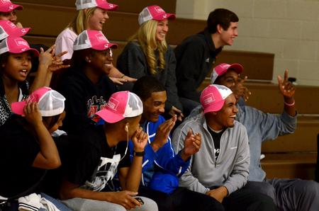 Students wear pink hats and ribbons to celebrate the Lady Bulldogs' annual Cancer Awareness Night during the volleyball game Nov. 5 at the Fred DeLay Gymnasium.  - Photo by Anne Richoux