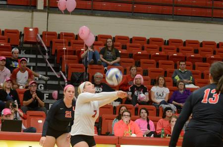 Lady Bulldog Elise Seufert bumps the ball to a teammate at the Fred DeLay Gymnasium. Union won against Trevecca Nazarene University 3-2.  - Photo by Anne Richoux