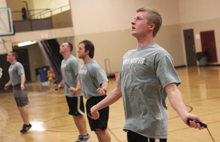 Cody Giles, senior engineering major, jumps in the jump rope section of the annual Union's Most Fit competition in the small gym. - Photo by Matt McDaniel