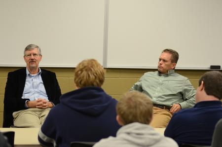 At left, Paul Deschenes, director of counseling services, responds to a student's question during a Ministry Leadership Pastoral Counseling Panel with Pepper Pratt, counselor and adjunct professor of psychology. - Photo by Jacob Moore