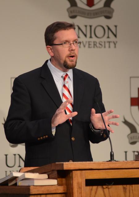 Justin Barnard, associate dean of the Institute for Intellectual Discipleship, speaks on "Mere Epistemology: Christian Wisdom about Knowing from C.S. Lewis" in the Carl Grant Events Center. - Photo by Jacob Moore