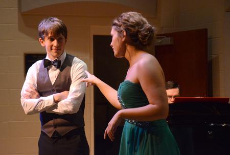 Zac McMillan, senior history major, and Hillarie Henderson, junior music education major, perform "I Won't Dance" at the Opera Workshop in Hartley Recital Hall. - Photo by Amanda Rohde