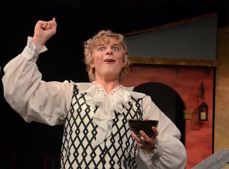 Daniel Poore, junior theatre major, performs his role as Truffaldino in the Union University Players' production of "The Servant of Two Masters." - Photo by Jacob Moore
