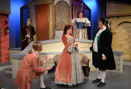 From left, Asa Gee, Thani Magnuson, Elizabel Sartin, Caitie Vance and Barry DeCoursey perform a scene from the play "The Servant of Two Masters." - Photo by Jacob Moore