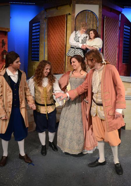 The Union University Players perform a final scene from "The Servant of Two Masters" in the W.D. Powell Theatre. - Photo by Jacob Moore
