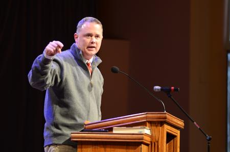 Todd Brady, vice president for university ministries, speaks about distractions from our walk with God in chapel Friday. - Photo by Matt McDaniel