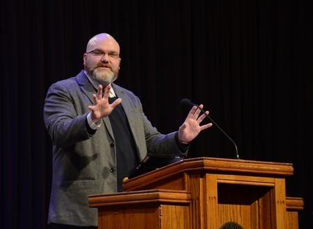 Russ Pflasterer, head pastor of City Fellowship Baptist Church, speaks about “The Last, but not Least, Fruits of the Spirit: Gentleness” in chapel. - Photo by Amanda Rohde