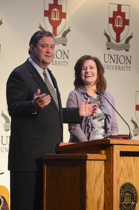 Special guests Steve and Donna Gaines, pastor of Bellevue Baptist Church and his wife, speak about marriage at the West Tennessee Ministers and Wives Valentine's Banquet. - Photo by Amanda Rohde