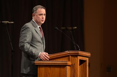 Todd Brady, vice president for university ministries, gives his concluding remarks and prayer for the chapel service in remembrance of Olivia Greenlee. - Photo by Matt McDaniel