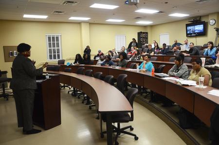 Sephira Shuttlesworth, wife of late Civil Rights Leader, Rev. Fred Shuttlesworth, speaks as a part of the civil rights Town & Gown lecture series in Providence Hall. - Photo by Matt McDaniel