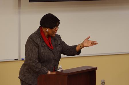 Sephira Shuttlesworth, wife of late Civil Rights Leader, Rev. Fred Shuttlesworth, speaks as a part of the civil rights Town & Gown lecture series in Providence Hall. - Photo by Matt McDaniel