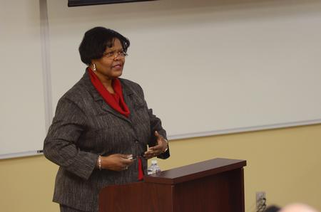 Sephira Shuttlesworth, wife of late Civil Rights Leader, Rev. Fred Shuttlesworth, speaks as a part of the civil rights Town & Gown lecture series in Providence Hall. - Photo by Matt McDaniel
