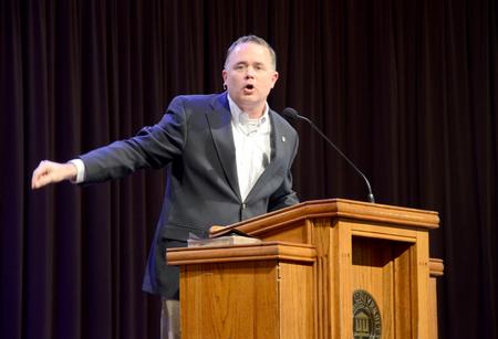 Todd Brady, vice president for university ministries, speaks in chapel. - Photo by MiKalla Cotton