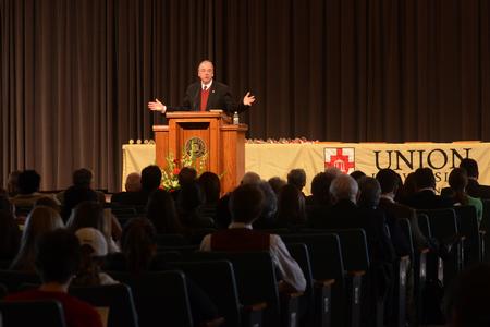 David S. Dockery, president of the university, welcomes students and alumni to Homecoming Chapel. - Photo by Amanda Rohde