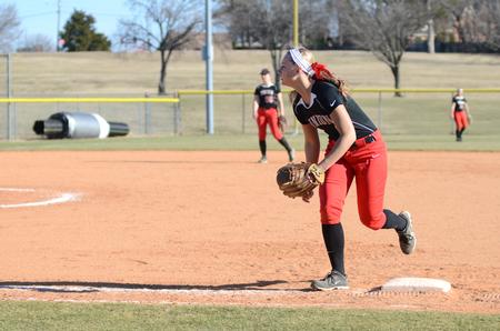Lady Bulldog Moriah Bohlmann plays first base during a game Hiwassee College at Fesmire Field. Union won 11-0.  - Photo by Anne Richoux