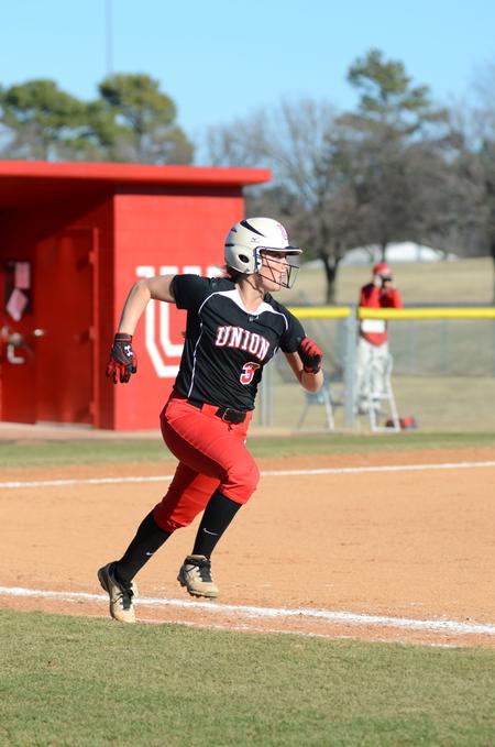 Lady Bulldog Amanda Chandler runs toward first base during a game against Hiwassee College at Fesmire Field. Union won 11-0.  - Photo by Anne Richoux