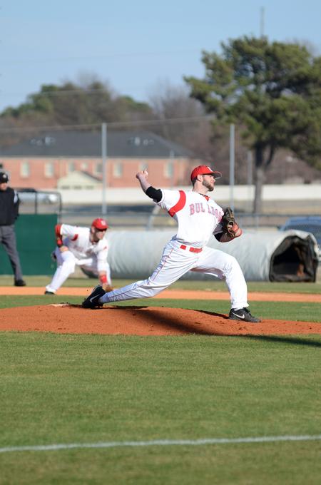Bulldog Preston Thompson pitches during a game against Southern Arkansas University at Fesmire Field.  - Photo by Anne Richoux