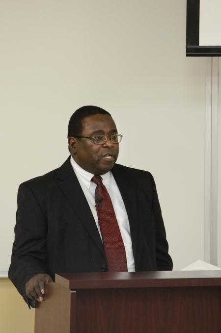 Frank Anderson, director of the associate of divinity program at the Stephen Olford Center, gives a lecture on 'The Legacy of the City of Memphis and its Role in Education, Race and Justice' as a part of the Town & Gown lecture series in Providence Hall.  - Photo by Anne Richoux