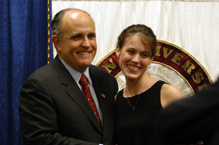 Assistant director of church services Valerie Burnett poses for a photo with Ruldoph Guiliani at the 2003 Scholarship Banquet. - Photo by Lindsay Stavish