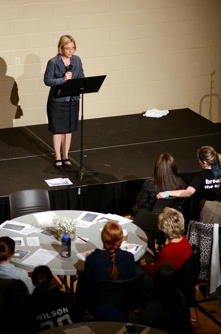 Tamarin Huelin, university counselor, introduces Nicole Bromley, the founder and director of OneVOICE Enterprises, before she speaks to students as a part of the annual Finding You at the U event in the Bowld Student Commons.  - Photo by Anne Richoux