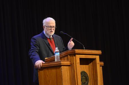 Timothy George, dean of Beeson Divinity School and professor of church history, speaks in chapel as a part of the 16th Annual Scholar-in-Residence Lecture Series. - Photo by Amanda Rohde