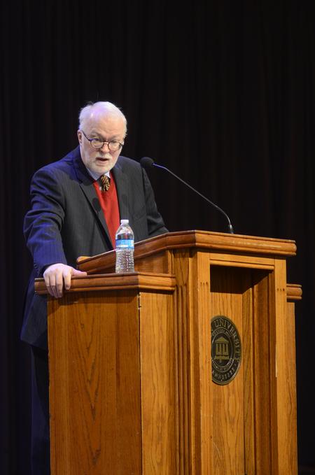 Timothy George, dean of Beeson Divinity School and professor of church history, speaks in chapel as a part of the 16th Annual Scholar-in-Residence Lecture Series. - Photo by Amanda Rohde