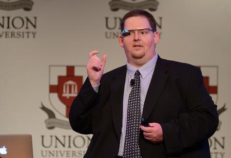 Kevin Trowbridge, assistant professor of public relations at Belmont University, presents on the technology and potential uses of Google Glass during the Rosebrough Center Event Series in the Carl Grant Events Center. - Photo by Jacob Moore
