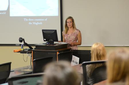 Allie Durham, senior history major, gives a presentation as a part of the 11th Annual Scholarship Symposium. - Photo by Anne Richoux