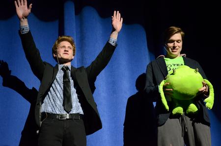 Will Burke, senior music theory major, and Peter Riggs, senior christian studies, host the 17th Annual Variety Show at the Carl Perkins Civic Center. - Photo by MiKalla Cotton